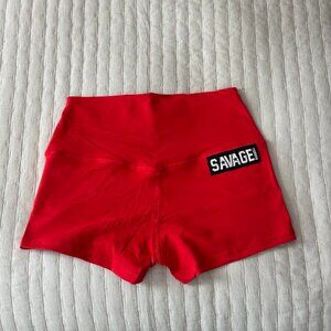Savage Barbell High Waist Booty Shorts, Red, Medium